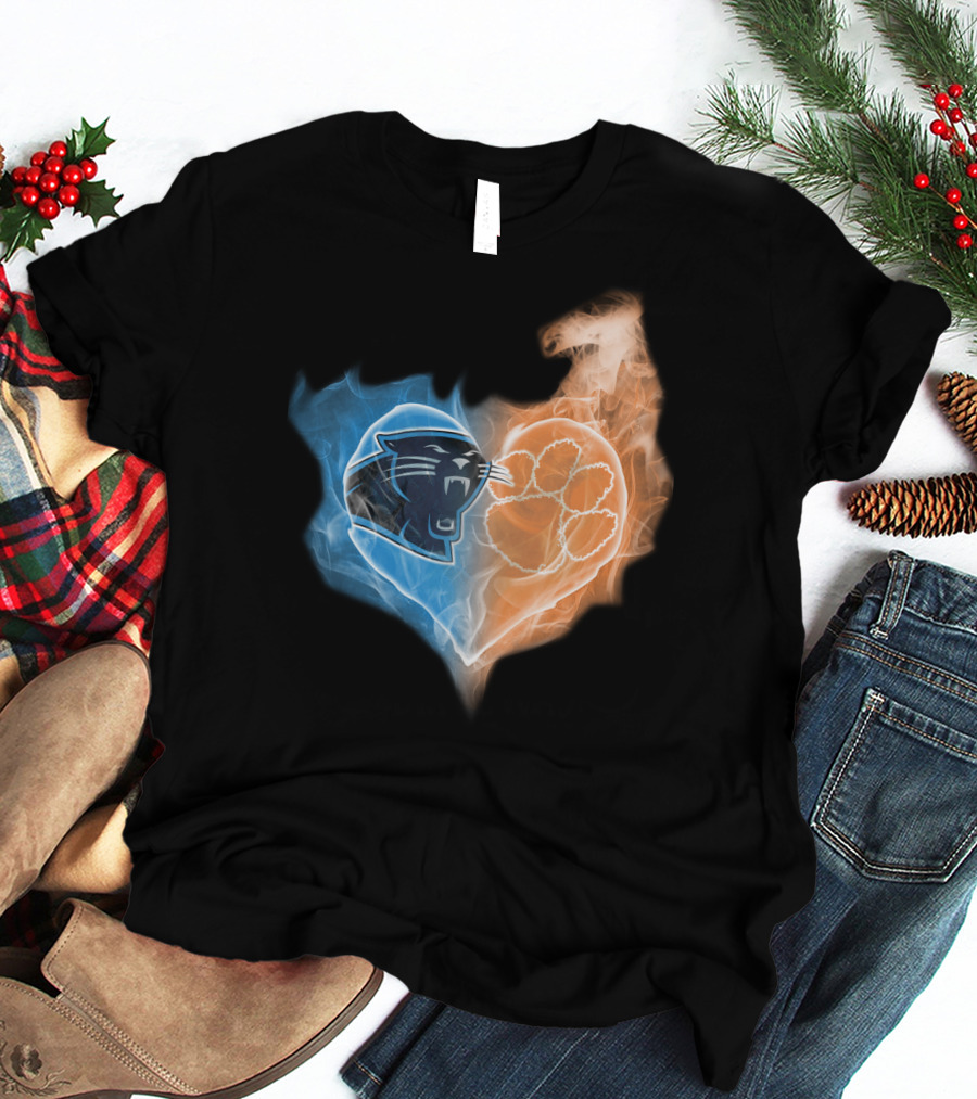 Carolina Panthers Clemson Tigers Heart Logo Fire And Ice T-Shirt