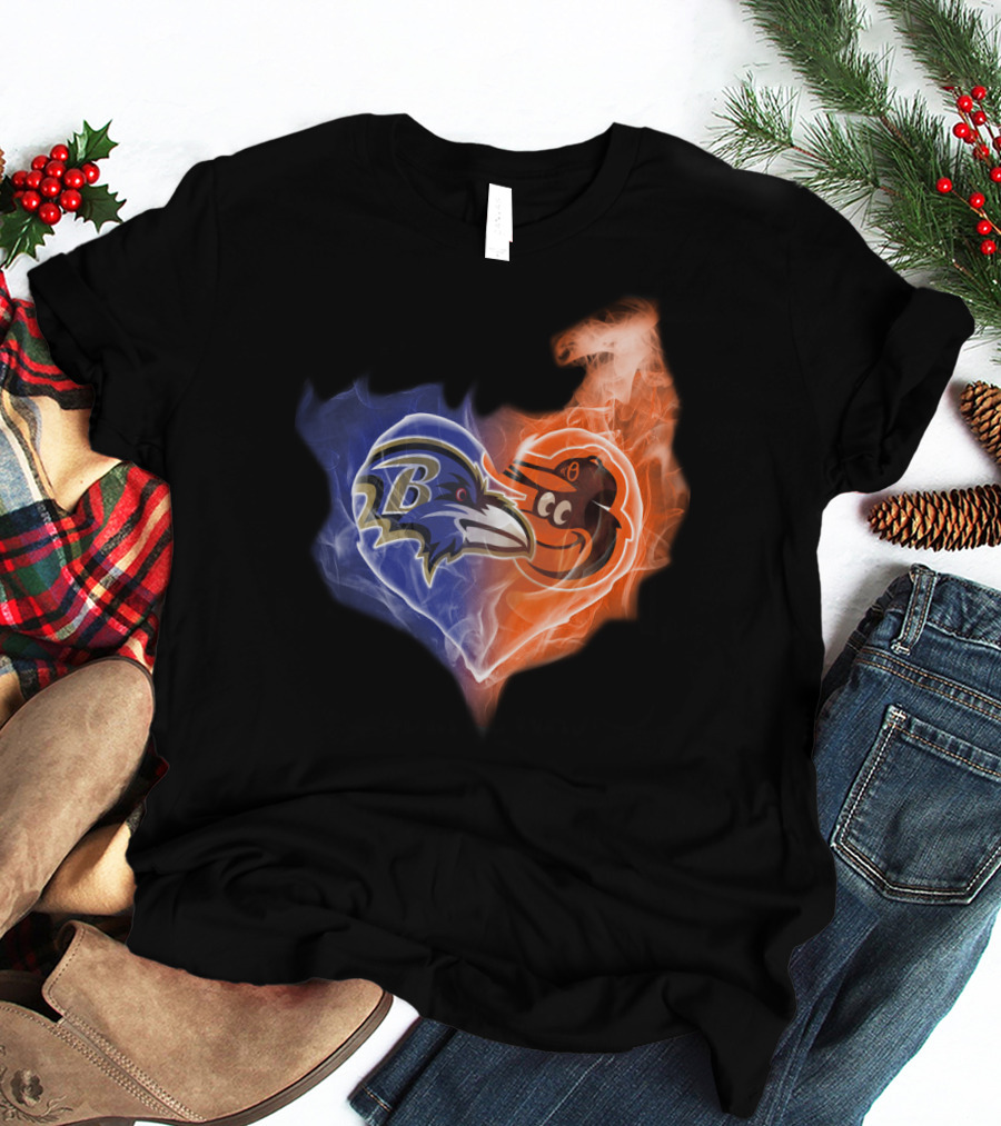 Baltimore Ravens Orioles Heart Flame T-Shirt