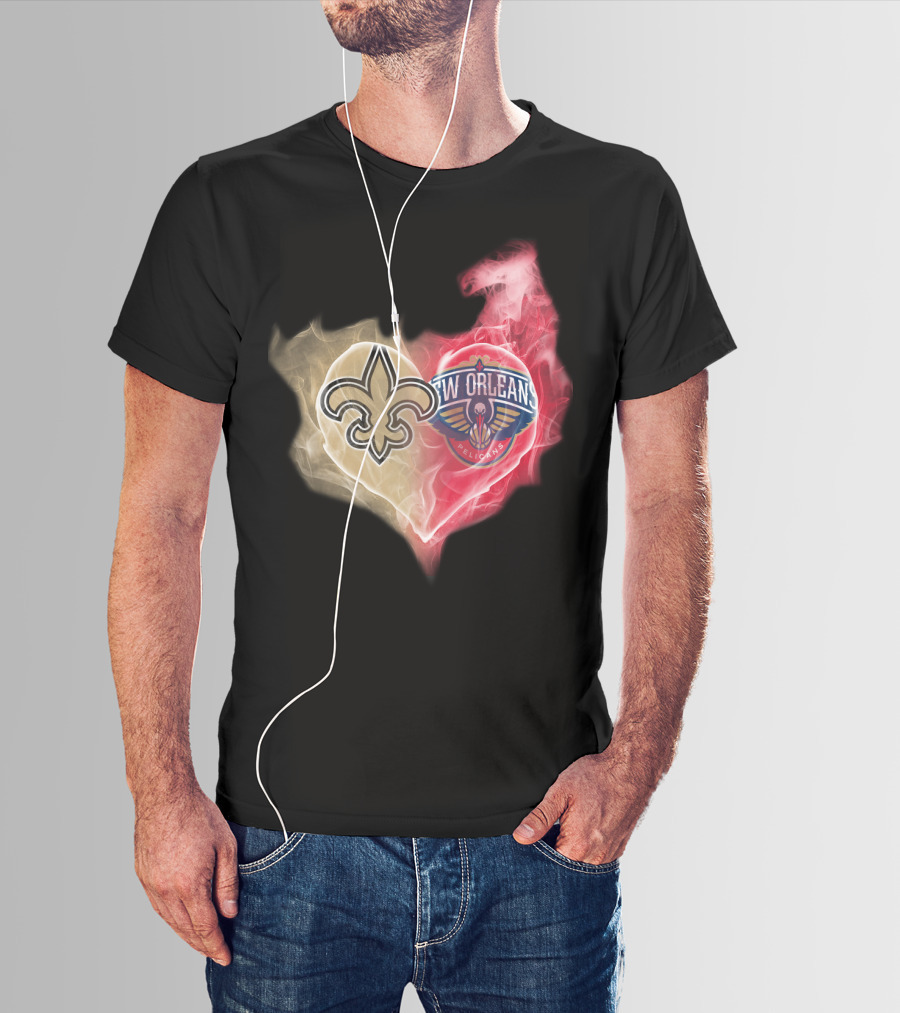 New Orleans Saints Pelicans Heart Logo Fusion T-Shirt