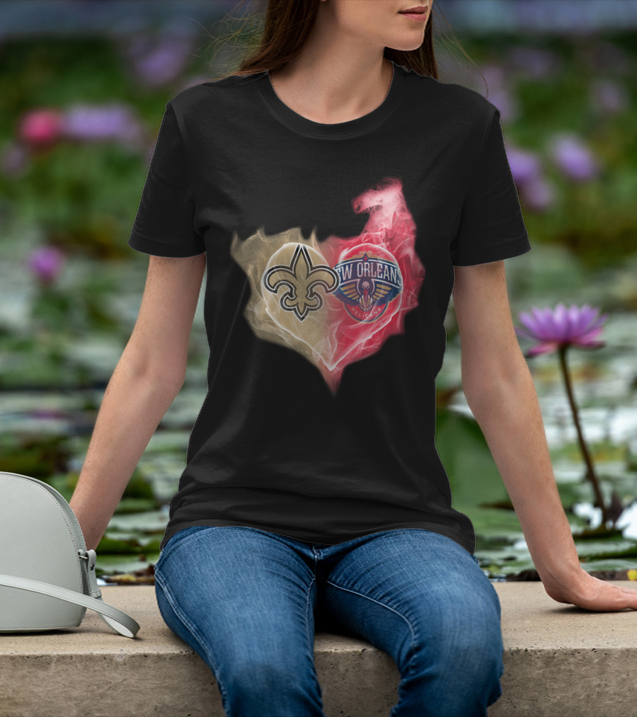 New Orleans Saints Pelicans Heart Logo Fusion T-Shirt