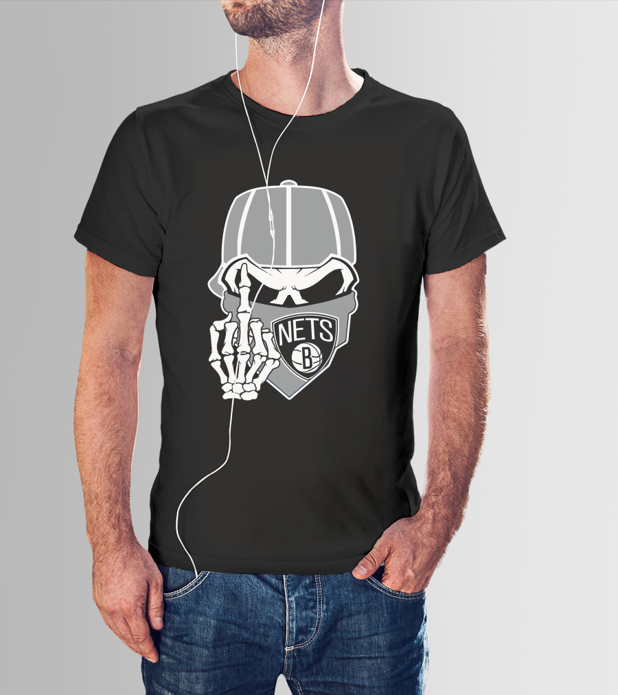 Brooklyn Nets Skull Skeleton Hand Gesture T-Shirt