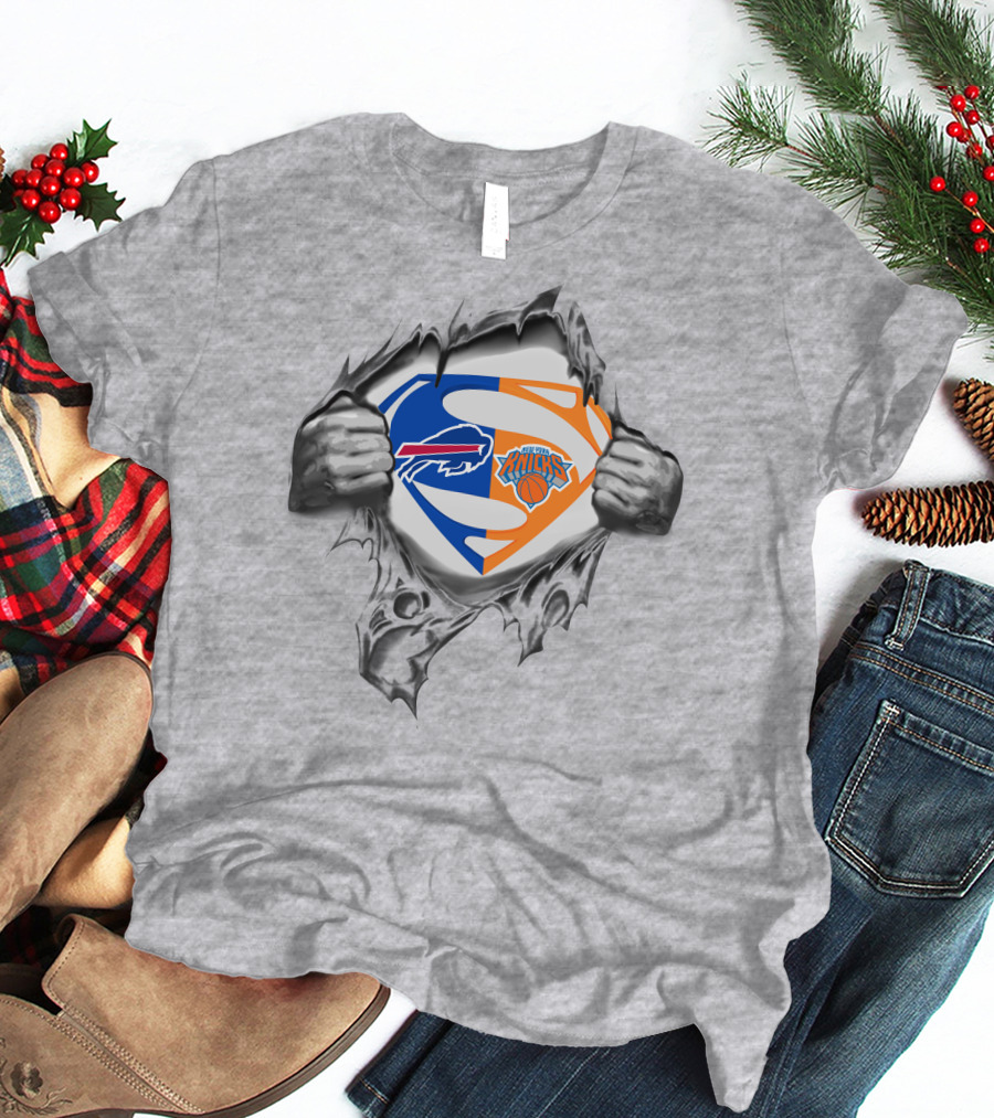 Bills New York Knicks Superman Logo Crossover Busting Through T-Shirt