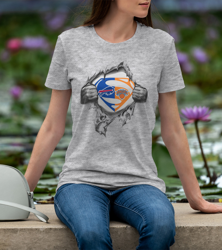Bills New York Knicks Superman Logo Crossover Busting Through T-Shirt