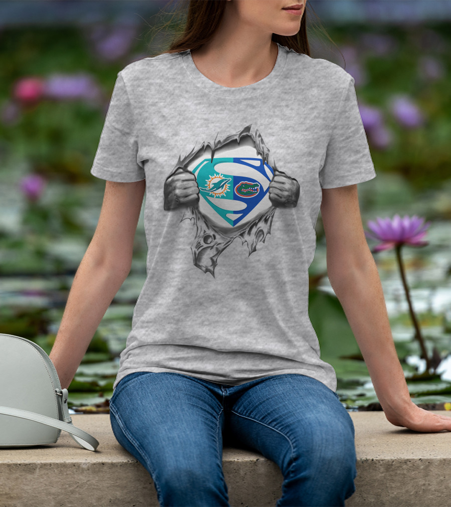 Miami Dolphins Florida Gators Superman Logo Fusion T-Shirt