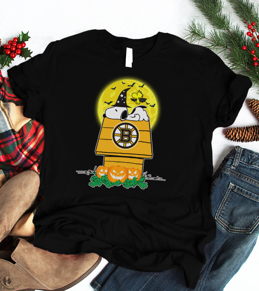 Boston Bruins Snoopy Halloween Moon Pumpkins Woodstock T-Shirt