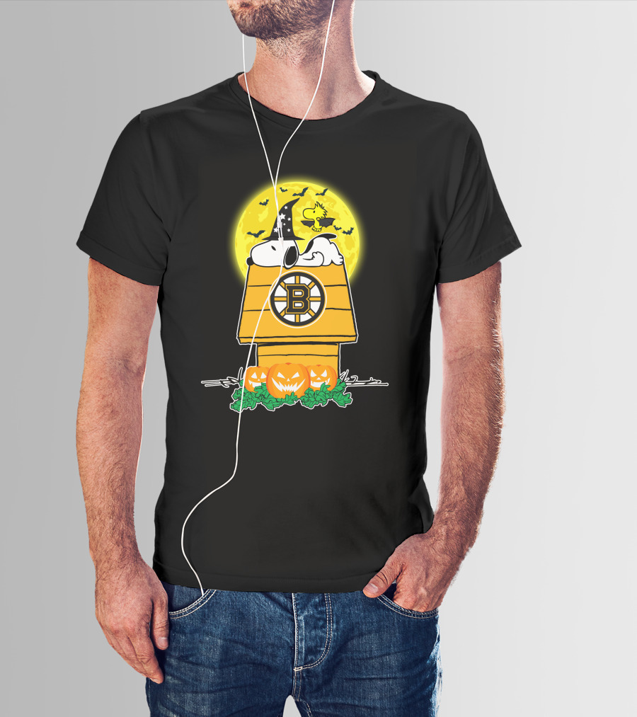 Boston Bruins Snoopy Halloween Moon Pumpkins Woodstock T-Shirt