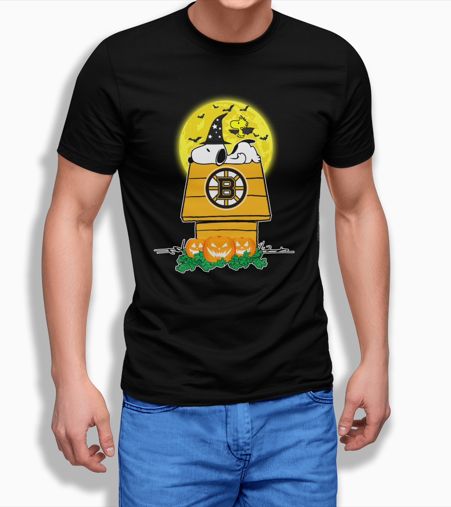 Boston Bruins Snoopy Halloween Moon Pumpkins Woodstock T-Shirt