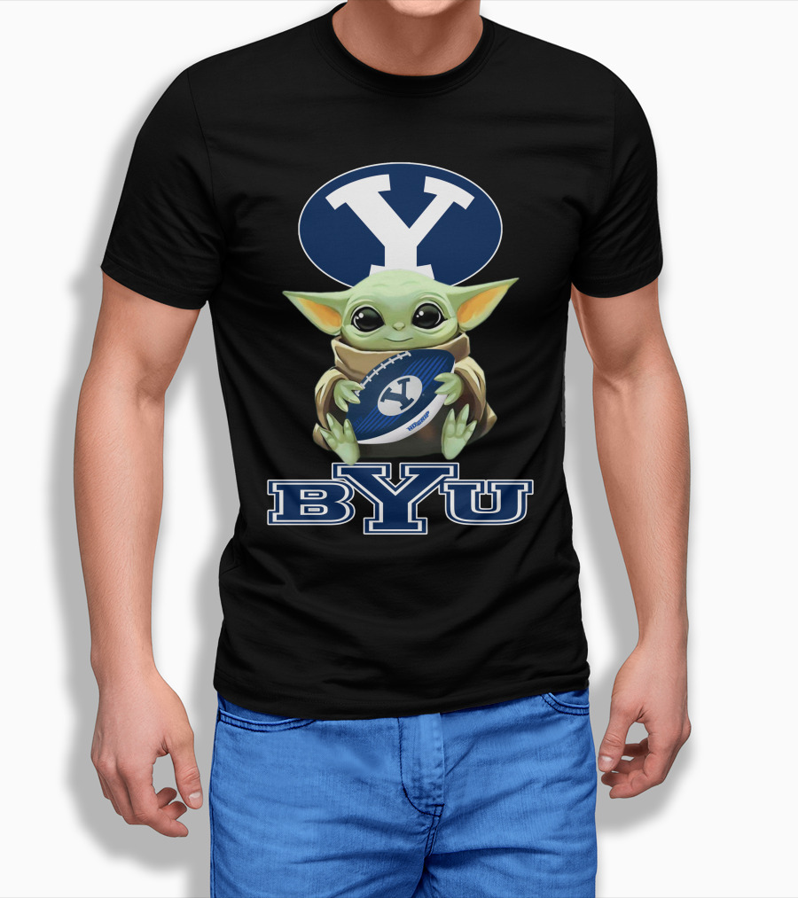 Byu Cougars Baby Yoda Holding Football With Byu T-Shirt
