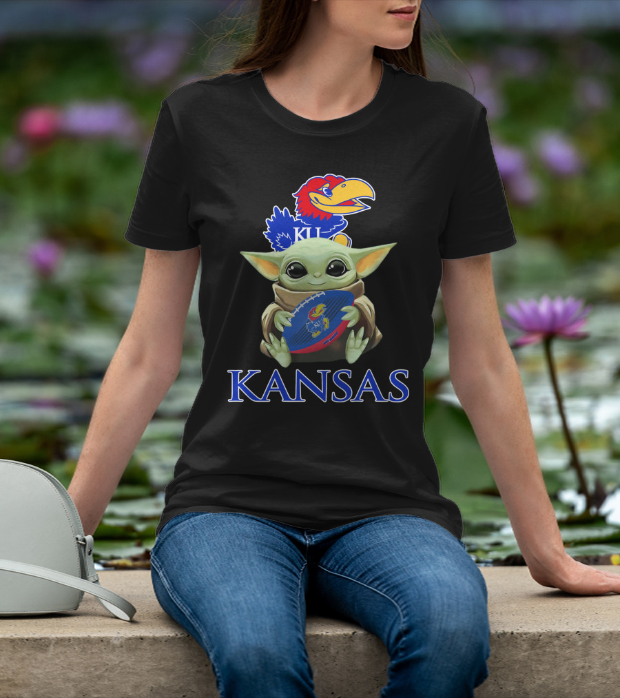 Kansas Jayhawks Baby Yoda Football Holding Ku T-Shirt