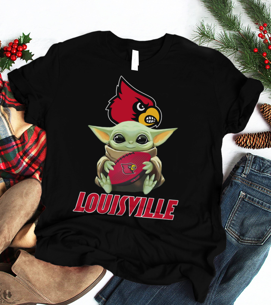 Louisville Cardinals Baby Yoda Holding Football T-Shirt