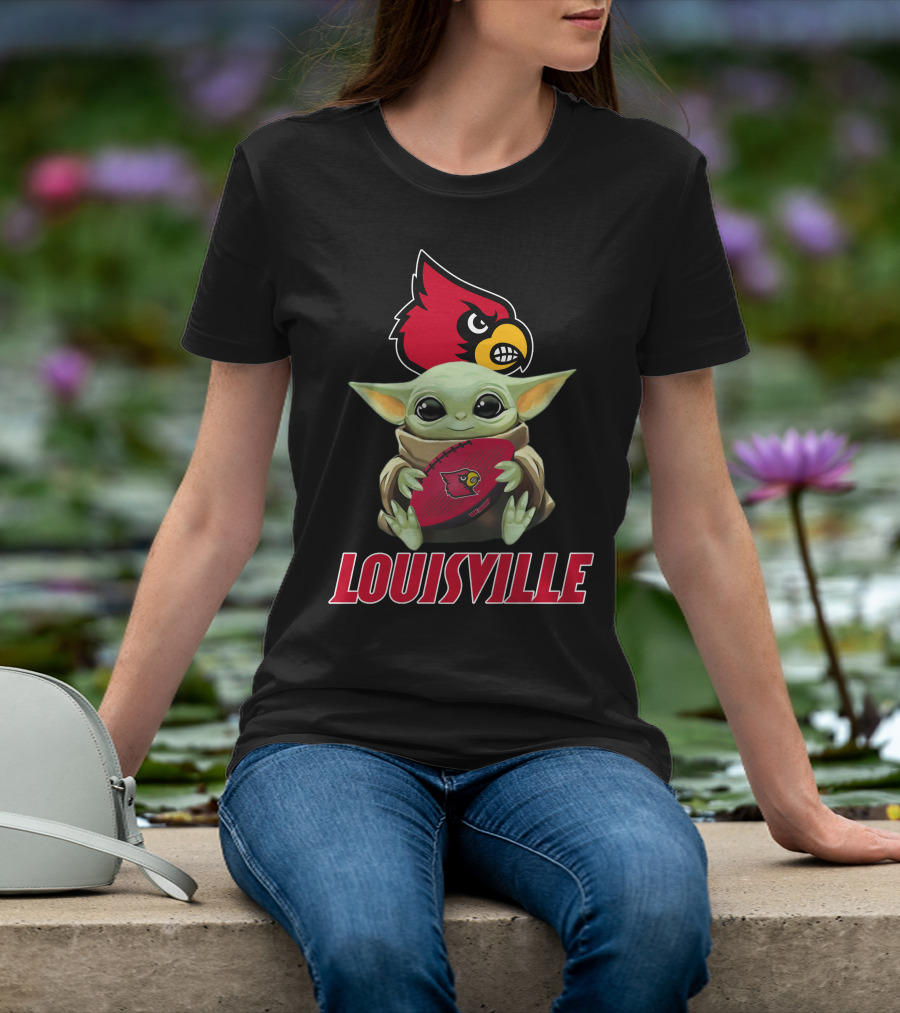 Louisville Cardinals Baby Yoda Holding Football T-Shirt