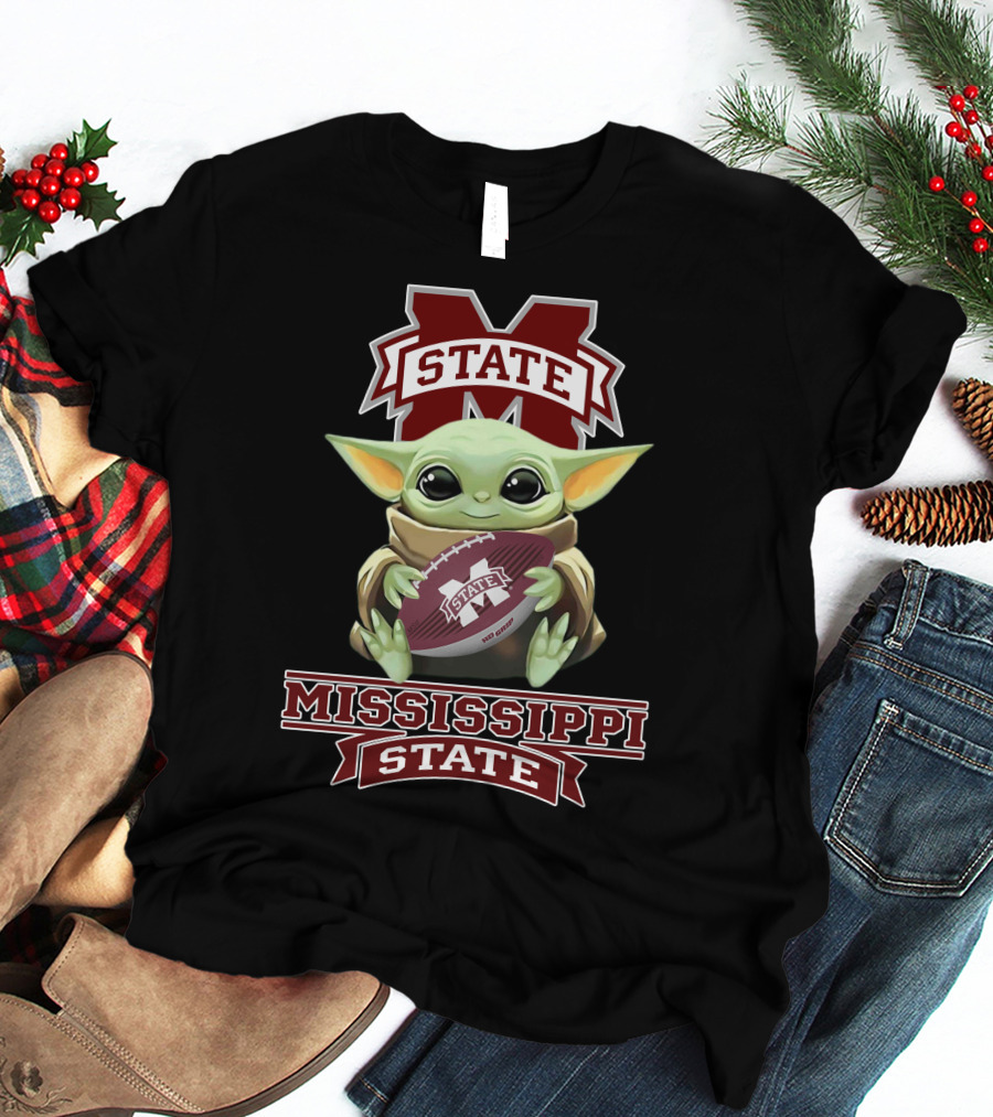 Mississippi State Bulldogs Baby Yoda Holding Football T-Shirt