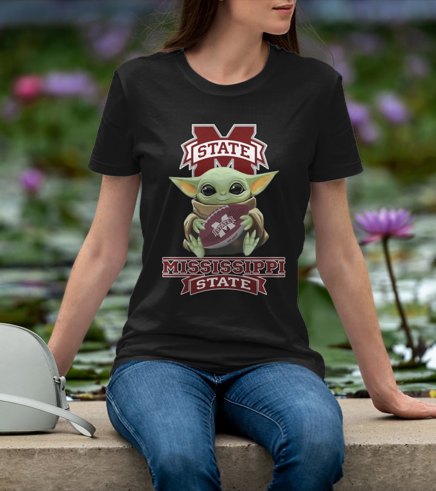 Mississippi State Bulldogs Baby Yoda Holding Football T-Shirt