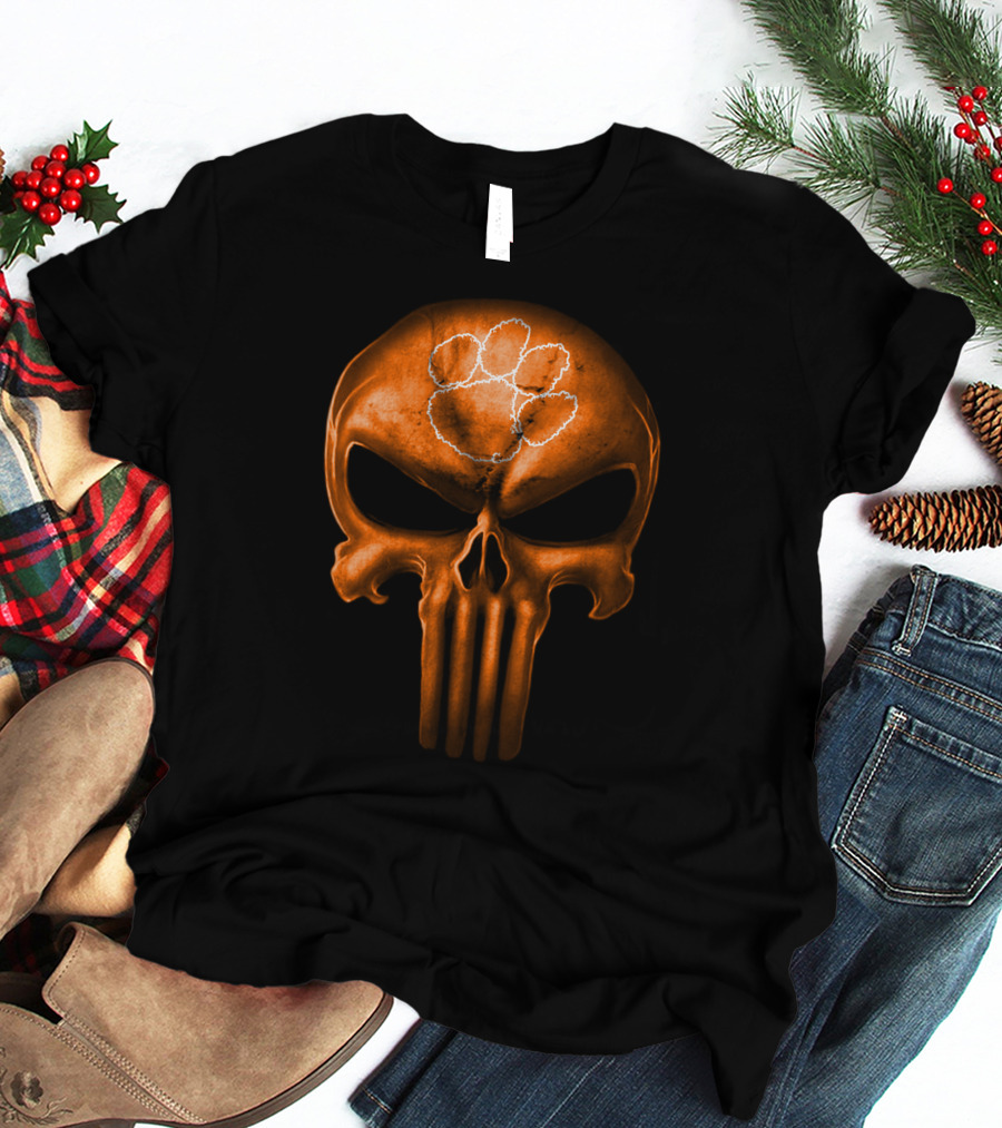 Clemson Tigers Skull With Orange Punisher Style And Paw T-Shirt