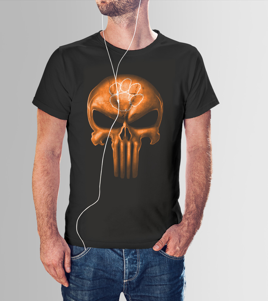 Clemson Tigers Skull With Orange Punisher Style And Paw T-Shirt