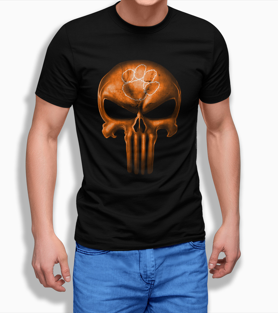 Clemson Tigers Skull With Orange Punisher Style And Paw T-Shirt