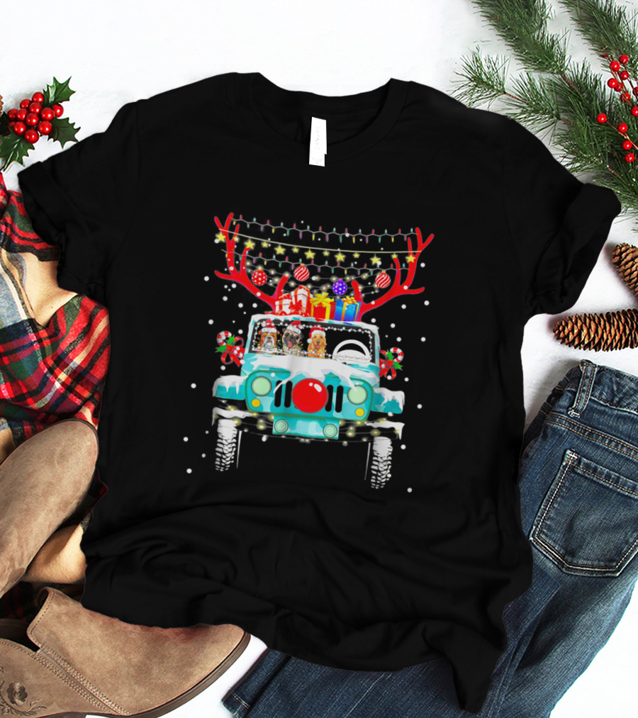 Christmas Jeep Reindeer Antlers Lights And Gifts T-Shirt