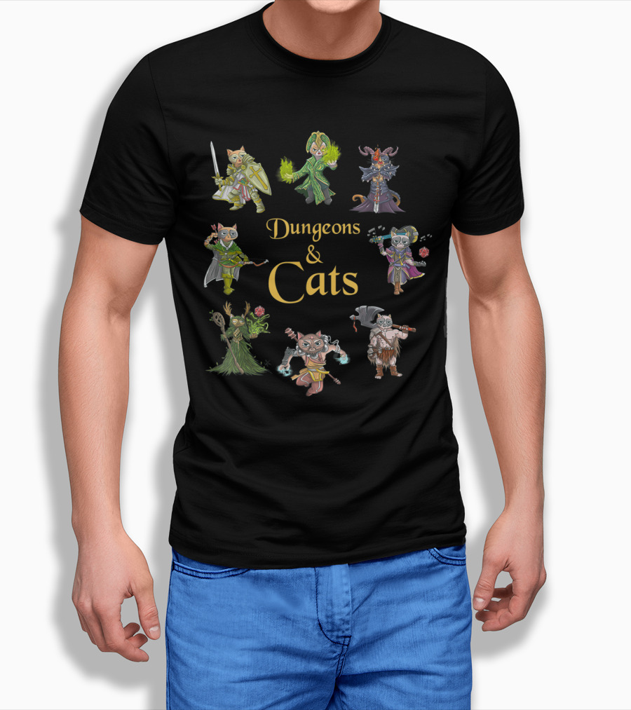 Dungeons And Cats Warrior Mage Archer Knight Characters T-Shirt