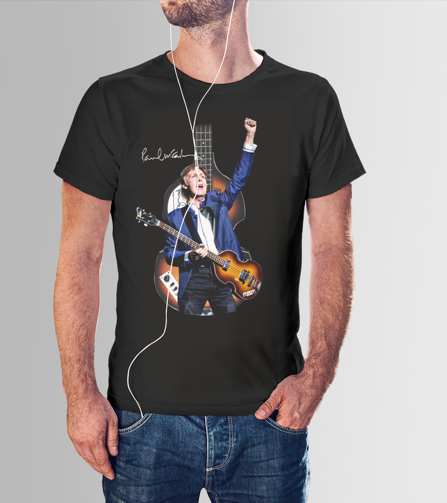 Paul McCartney Signature Bass Guitar Iconic Imagery With Raised Fist T-Shirt