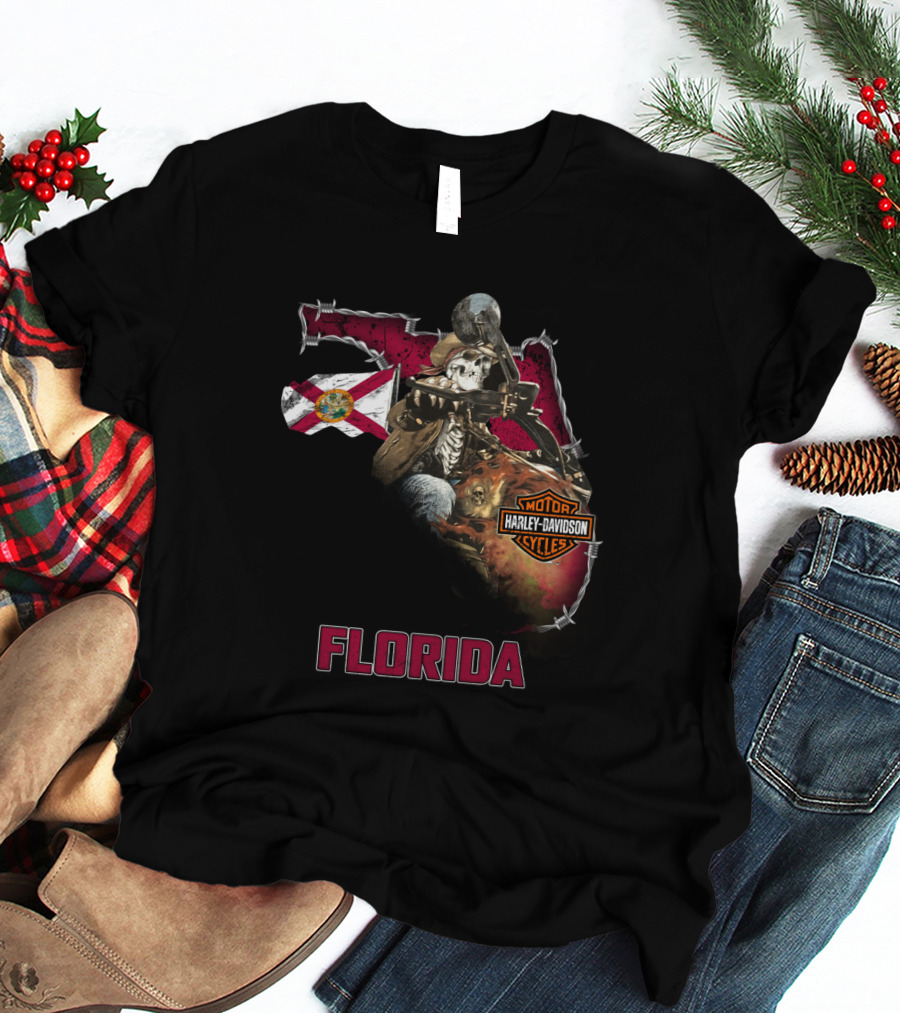 Florida Harley Davidson Skeleton Biker With State Flag T-Shirt