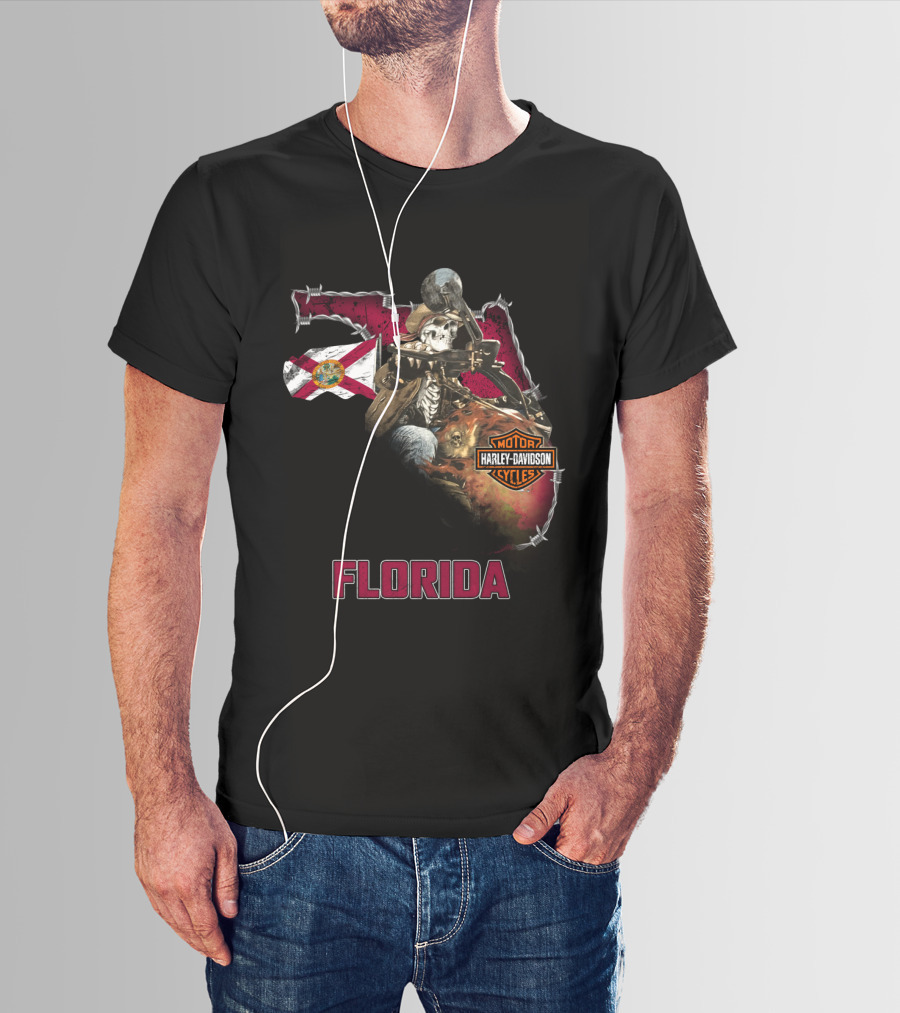 Florida Harley Davidson Skeleton Biker With State Flag T-Shirt