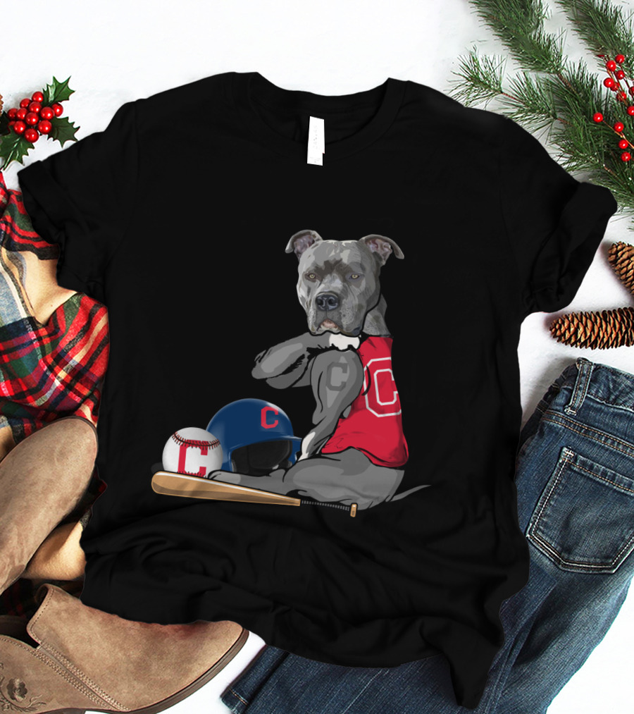 Cleveland Indians C Pit Bull Baseball Bat Helmet Sitting Baseball T-Shirt