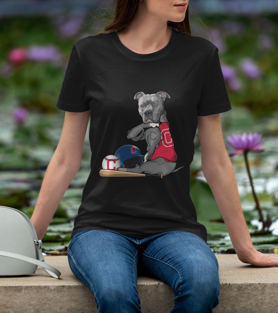 Cleveland Indians C Pit Bull Baseball Bat Helmet Sitting Baseball T-Shirt