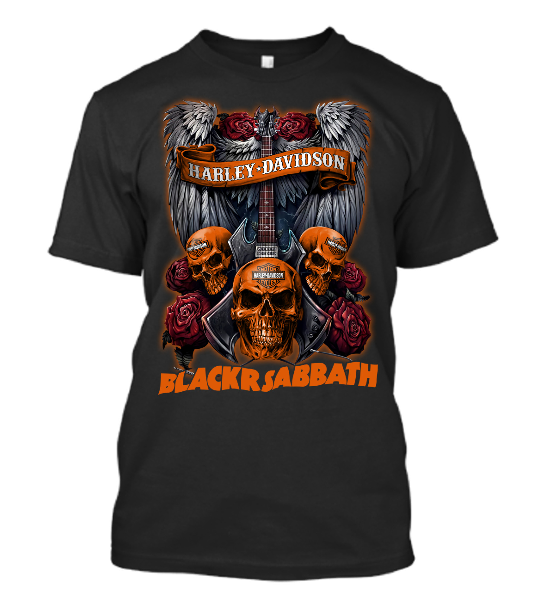 Black Sabbath Harley Davidson Skull Wings Guitar Rose T-Shirt