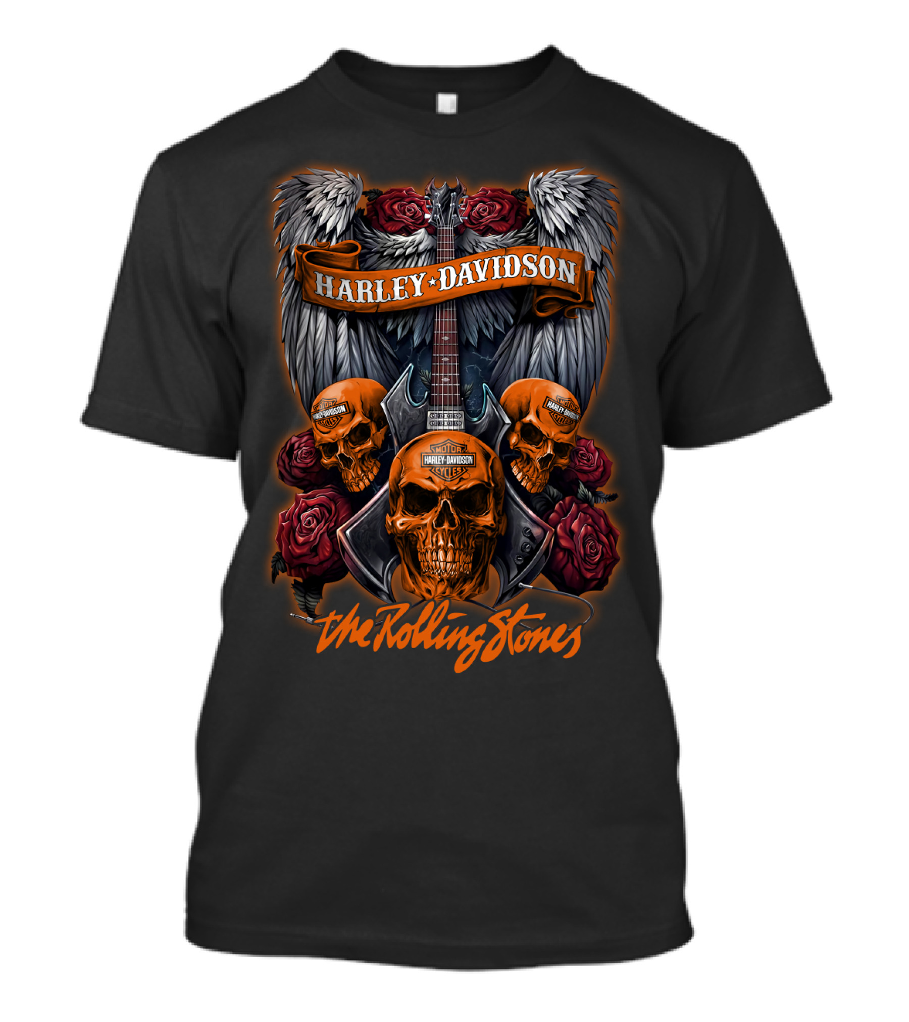 Harley Davidson The Rolling Stones Skull And Guitar Wings Roses 47Hd T-Shirt