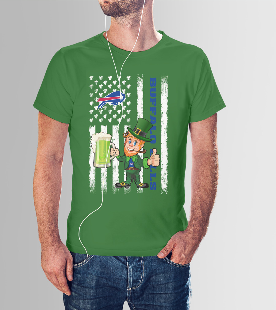Buffalo Bills St Patrick's Day Leprechaun American Flag Shamrocks Beer T-Shirt