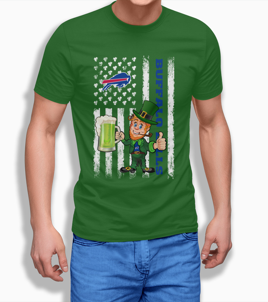 Buffalo Bills St Patrick's Day Leprechaun American Flag Shamrocks Beer T-Shirt