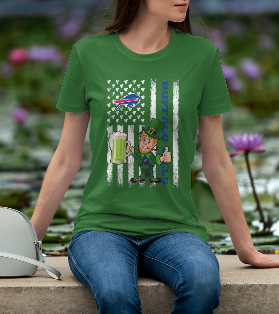 Buffalo Bills St Patrick's Day Leprechaun American Flag Shamrocks Beer T-Shirt