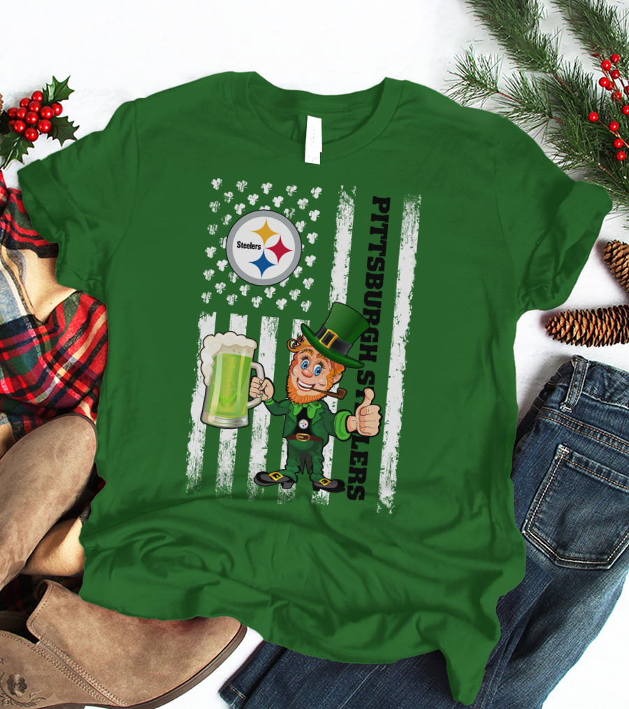 Pittsburgh Steelers Leprechaun St Patrick's Day Shamrock Beer Flag T-Shirt