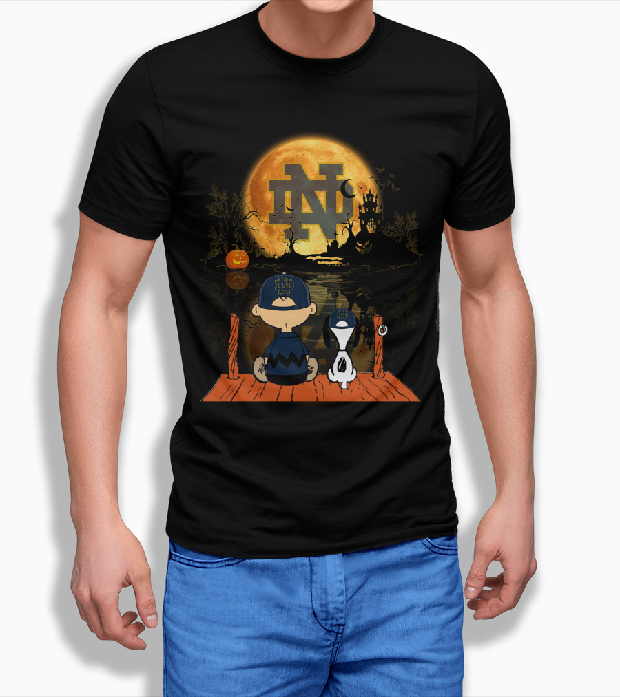 Notre Dame Fighting Irish Halloween Moonlit Scene With Peanuts Characters T-Shirt