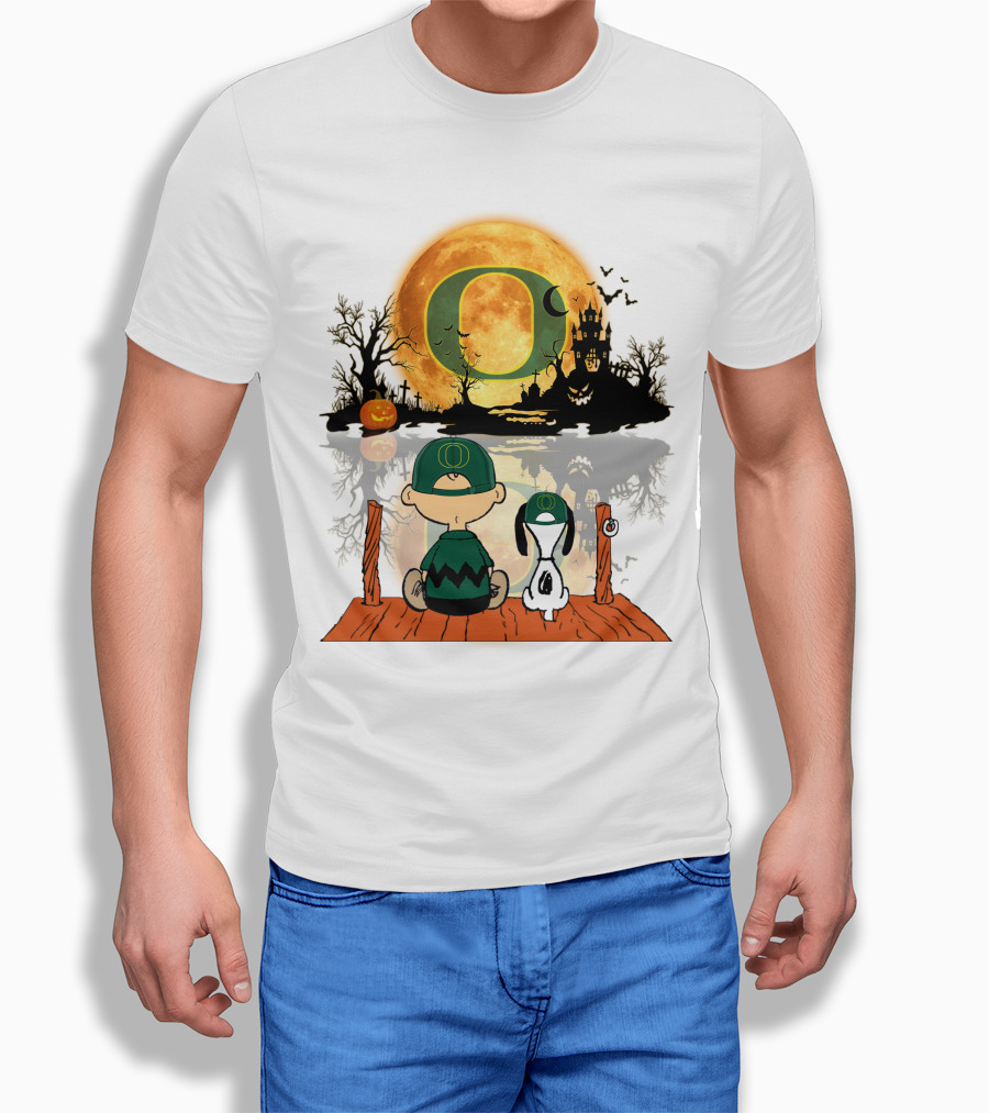 Oregon Ducks Halloween Moon Charlie and Snoopy Reflection T-Shirt