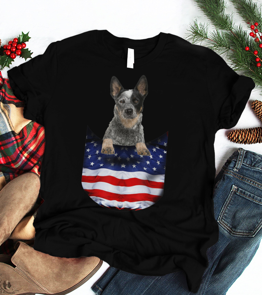 Australian Cattle Dog Pocket Funny American Flag Dog T-Shirt