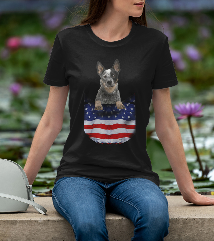 Australian Cattle Dog Pocket Funny American Flag Dog T-Shirt