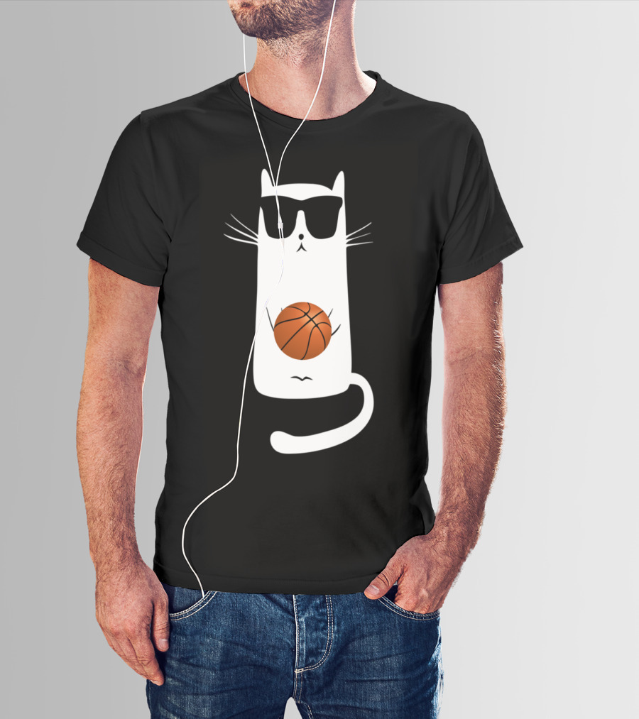 Humorous Sunglass-Wearing Cat With Basketball In Whimsical Pose T-Shirt