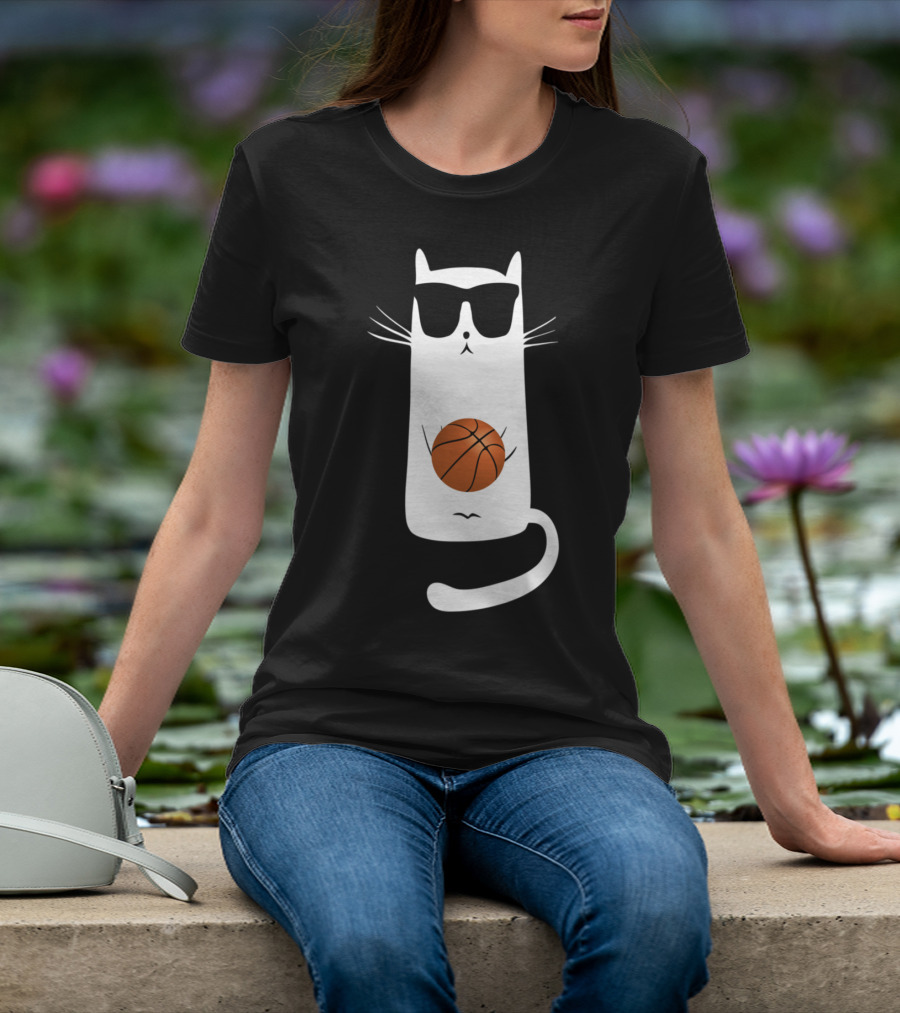Humorous Sunglass-Wearing Cat With Basketball In Whimsical Pose T-Shirt