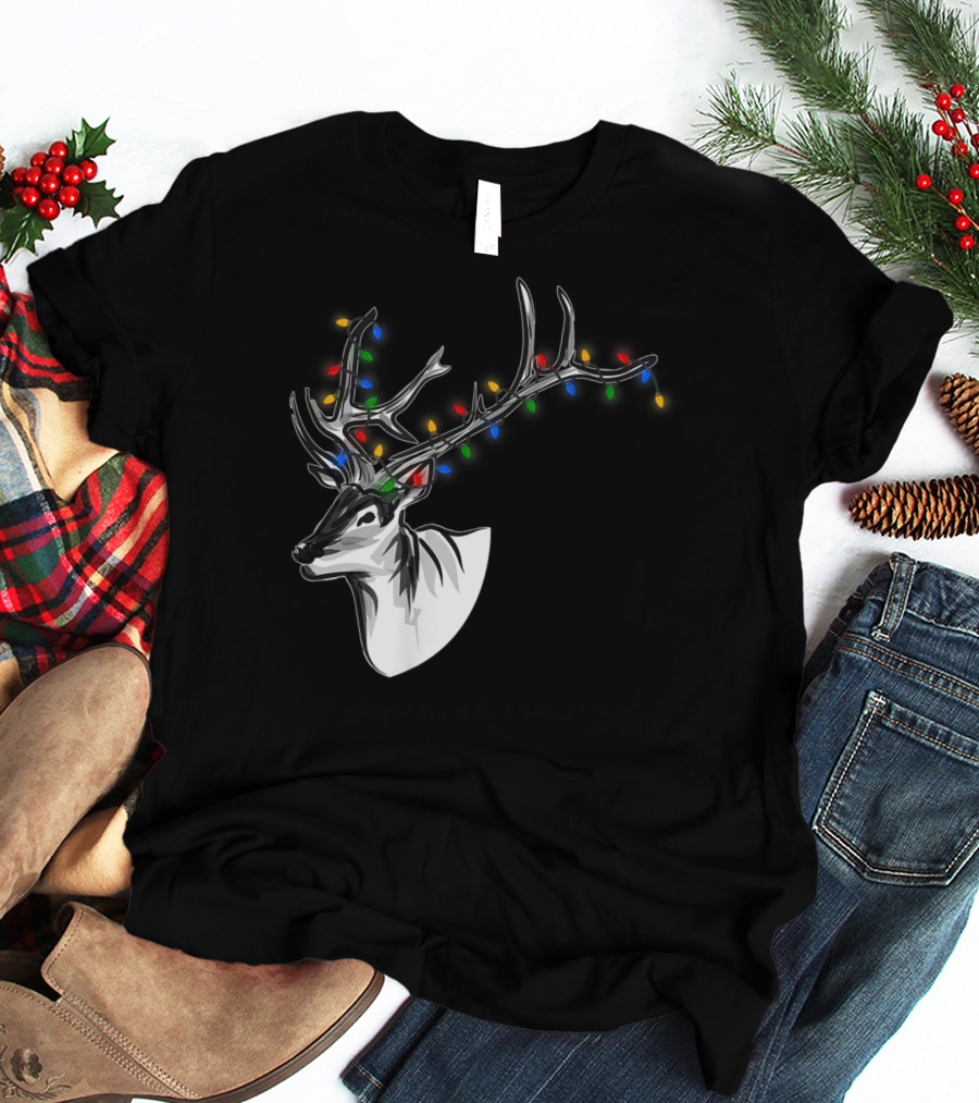 Reindeer Christmas Lights Funny Animal Decorated Antlers Festive Humor T-Shirt