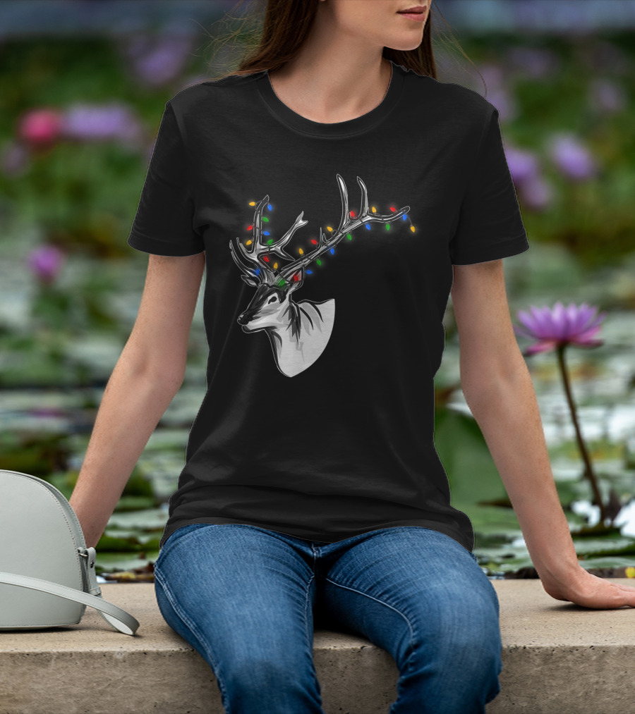 Reindeer Christmas Lights Funny Animal Decorated Antlers Festive Humor T-Shirt