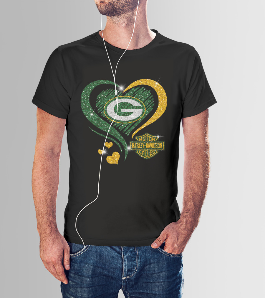 Green Bay Packers Harley Davidson Sparkling Heart T-Shirt