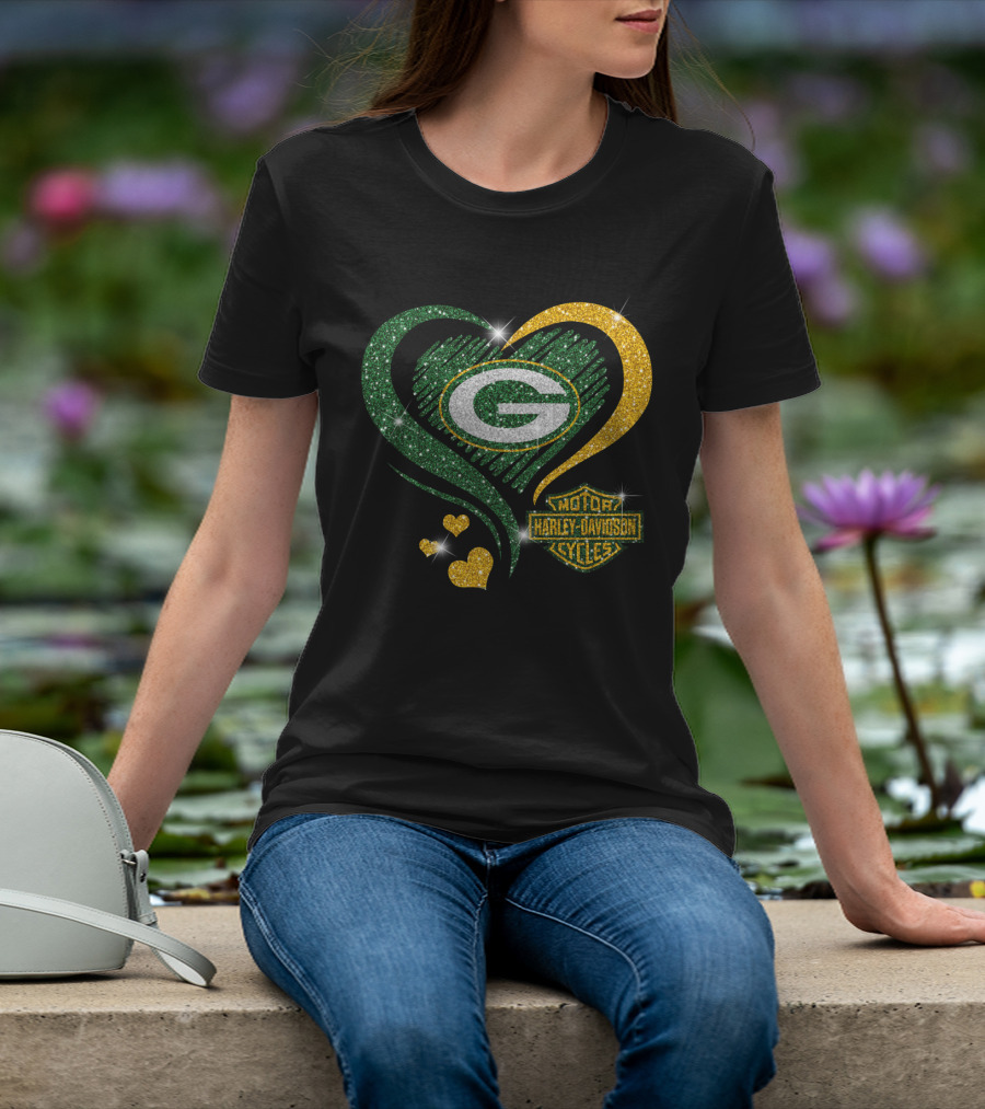 Green Bay Packers Harley Davidson Sparkling Heart T-Shirt