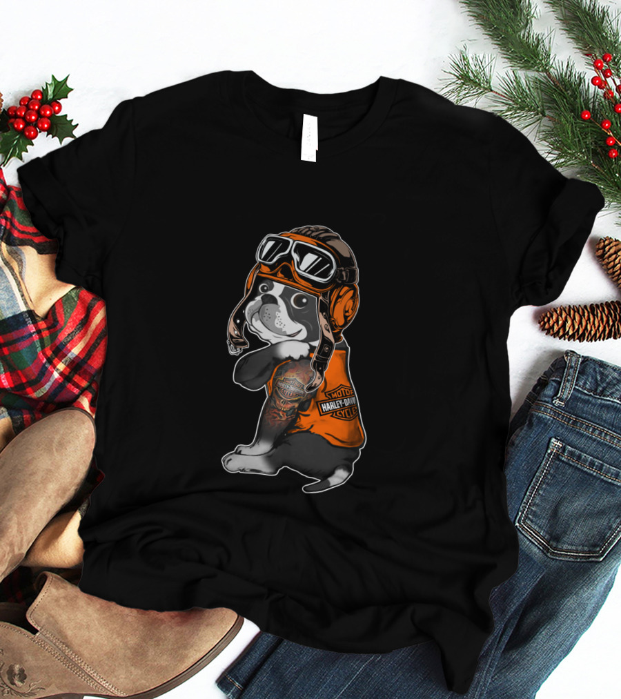 Hd Tatoo Boston Terrier Harley Davidson Moto Goggles T-Shirt