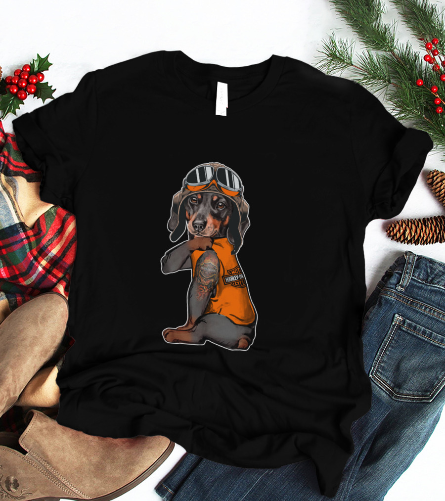 Hd Tatoo Dachshund In Harley Davidson Biker Gear T-Shirt