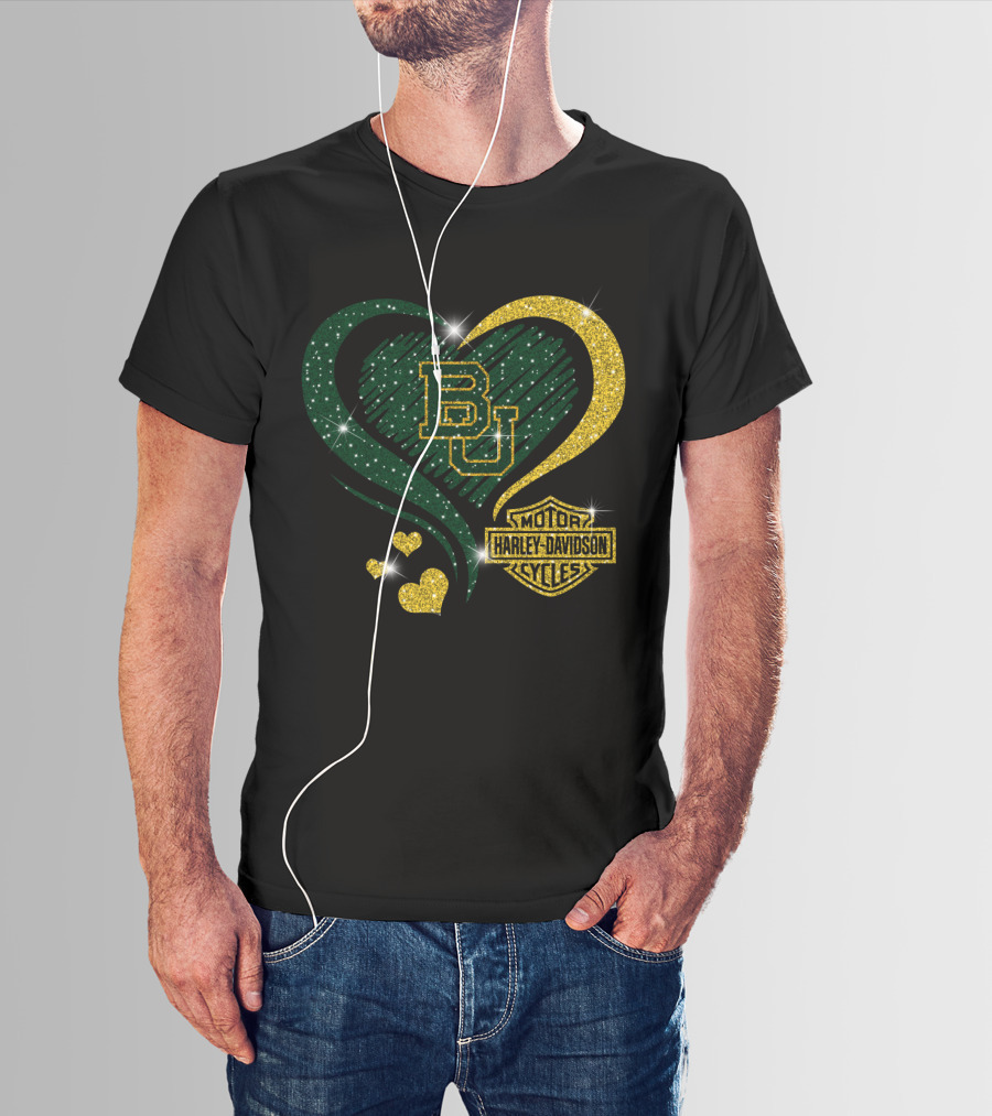 Bu Baylor Bears Harley Davidson Sparkling Heart T-Shirt