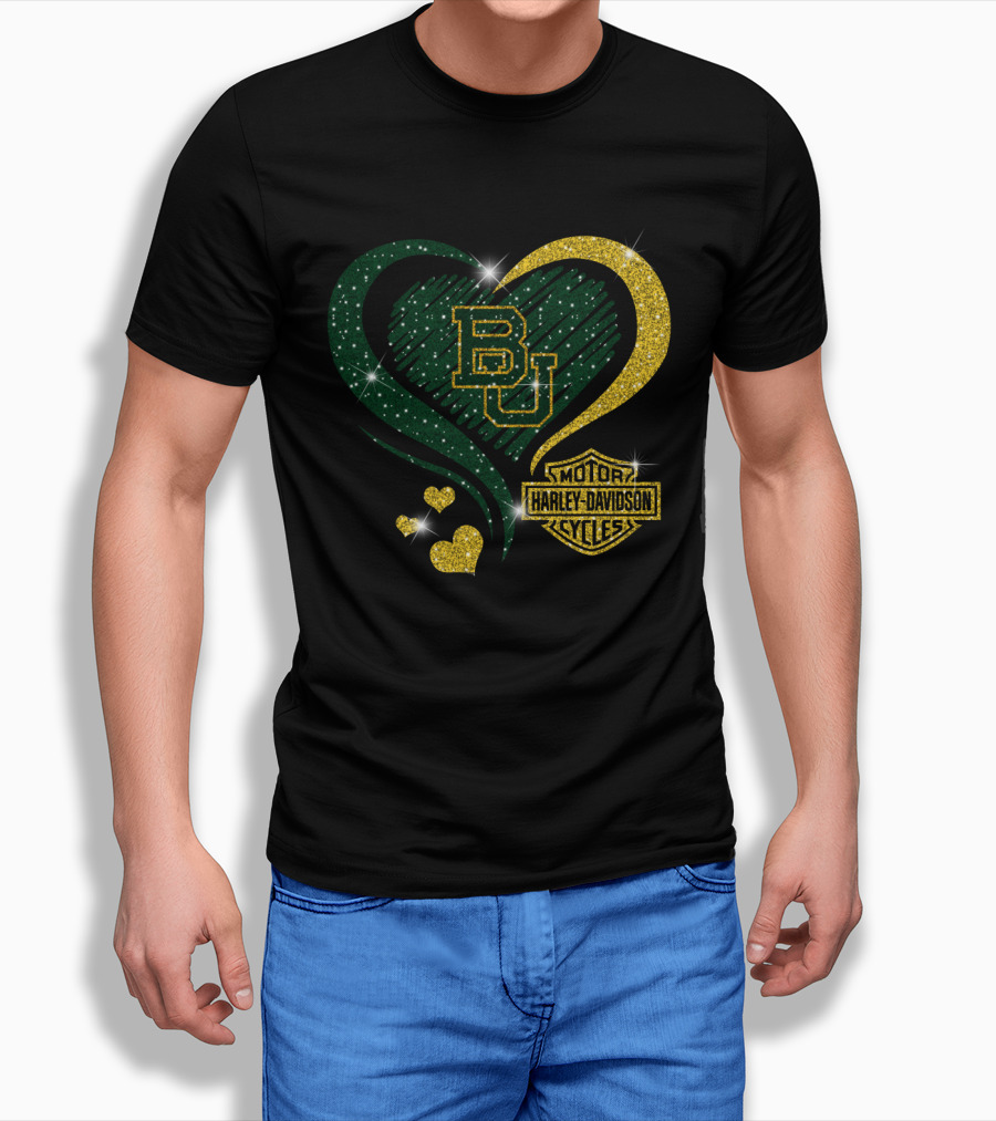 Bu Baylor Bears Harley Davidson Sparkling Heart T-Shirt
