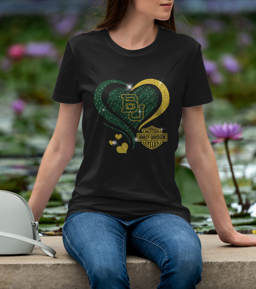 Bu Baylor Bears Harley Davidson Sparkling Heart T-Shirt