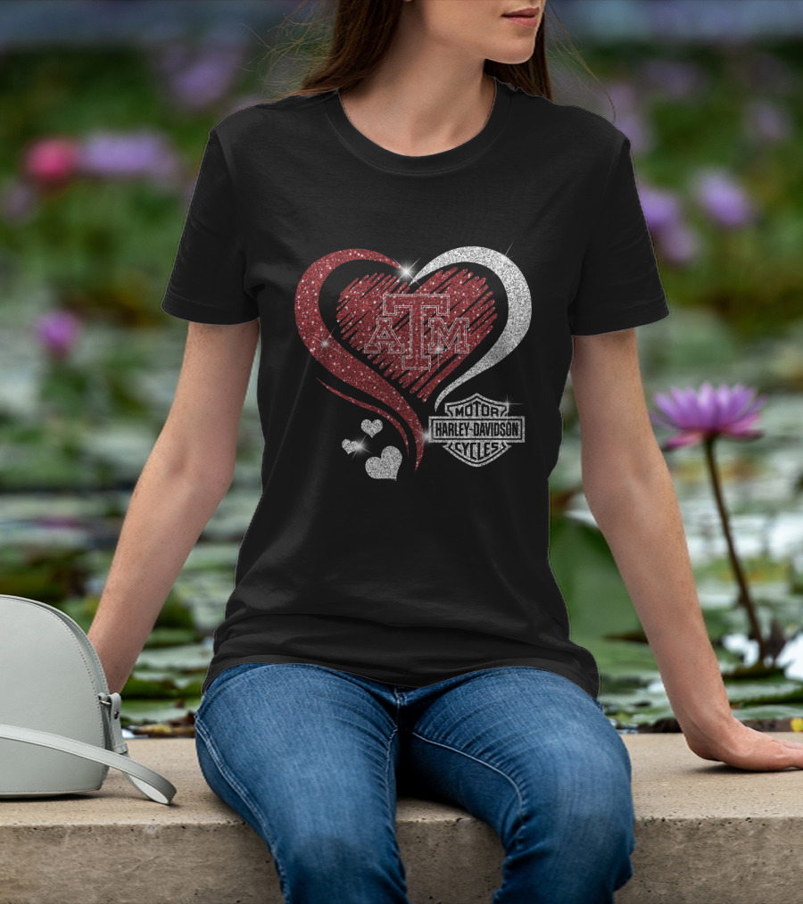 Atm Texas A&M Aggies Harley Davidson Motor Cycles Sparkling Heart T-Shirt