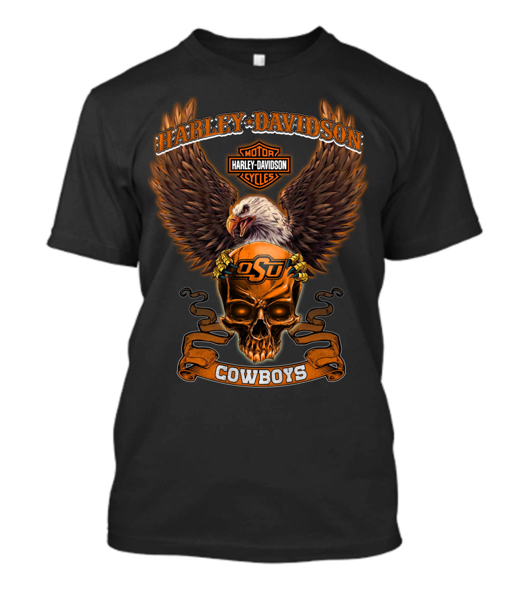 Harley Davidson Motorcycles Osu Cowboys Bald Eagle Skull Banner T-Shirt